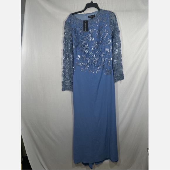 NWD $468 Tadashi Shoji‎ [ 14 ] Sequin Lace Long Sleeve Crepe Gown Cadet Blue - Picture 3 of 16